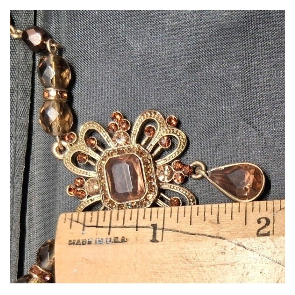 Avon Vintage Gold Tone Filigree Smoky Topaz Amb, Crystal Beaded Pendant Necklace - Picture 10 of 14